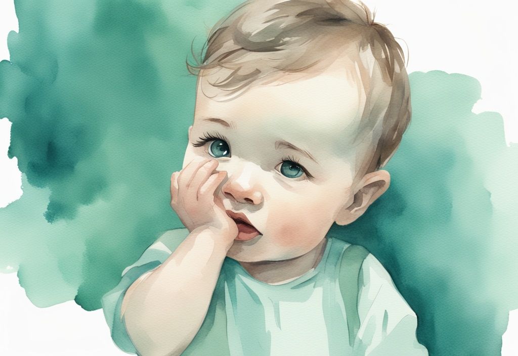 Modern watercolor illustration of a cute baby with a curious expression, rubbing ear, teal color theme