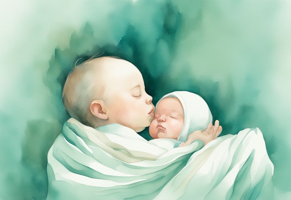 Modern watercolor illustration of hands swaddling a newborn baby in teal-themed fabric.