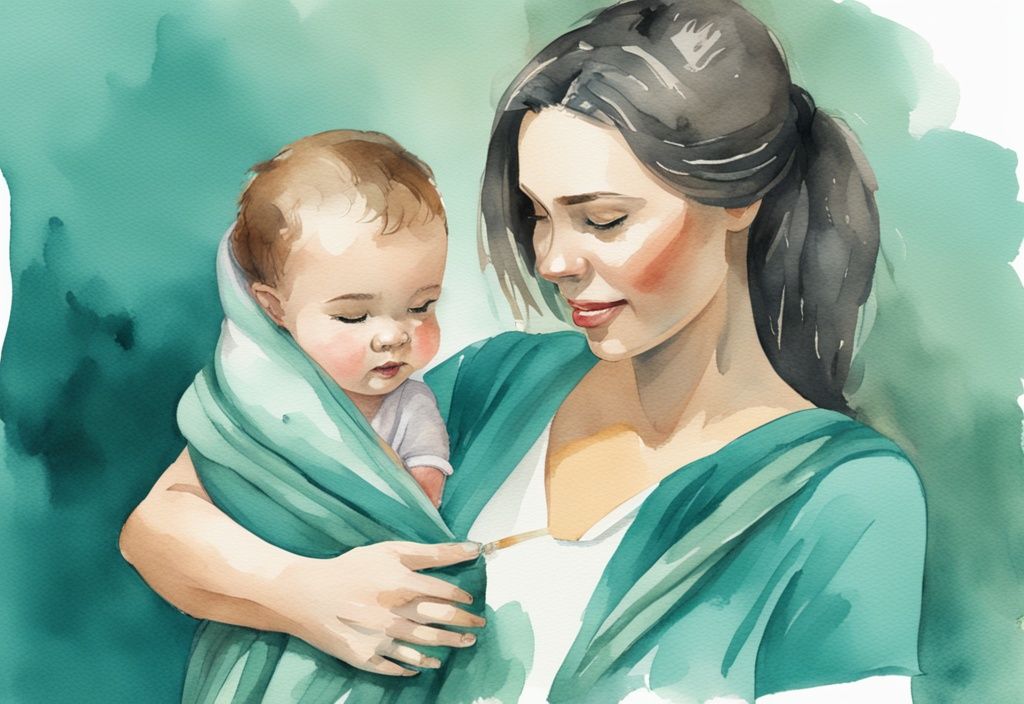 Modern watercolor illustration of a young mother demonstrating how to make a baby sling out of a scarf, featuring a teal color theme and a baby ready to be snuggled.