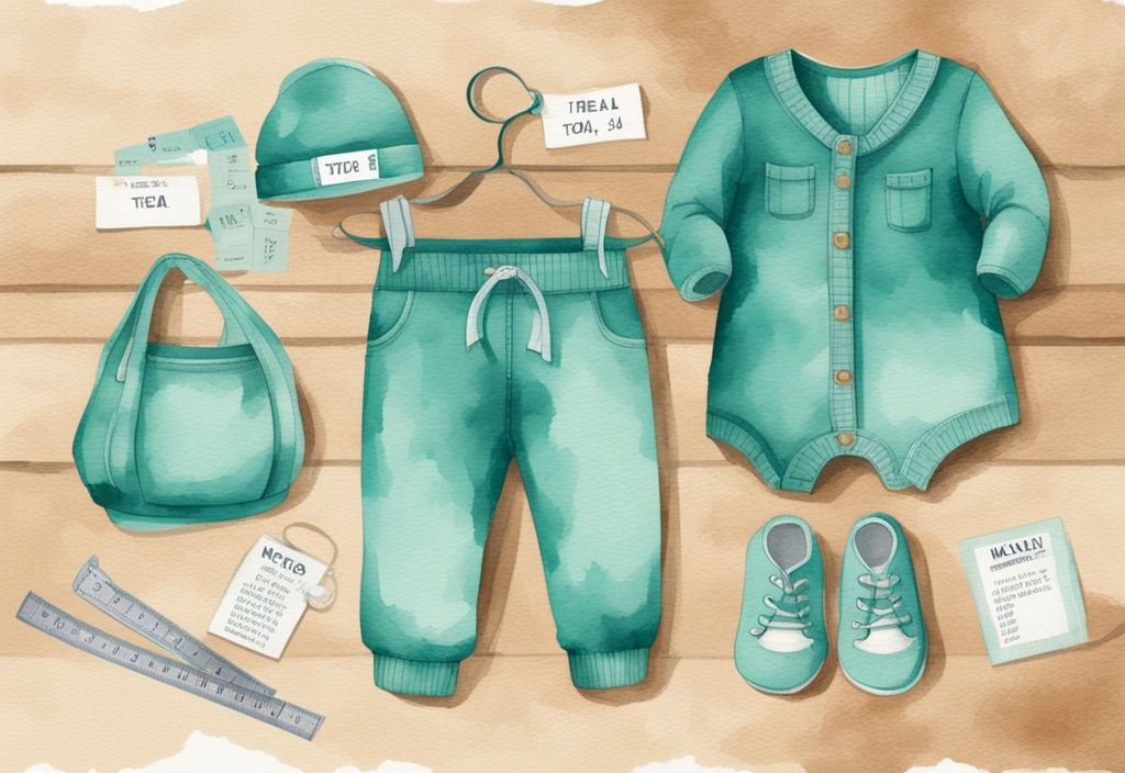 Modern watercolor illustration of baby clothes sizing explained with teal-themed baby clothes on a wooden table, featuring size labels, a measuring tape, and a size conversion chart.