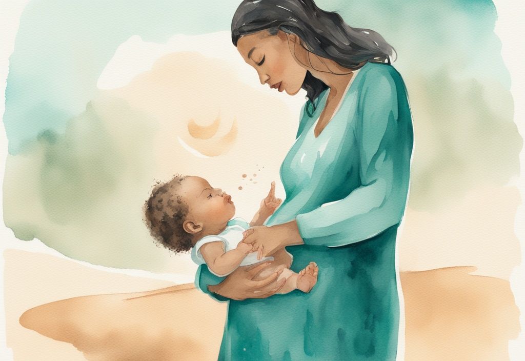 Teal watercolor illustration of a mother holding an infant, gazing at a nearly empty sand hourglass.