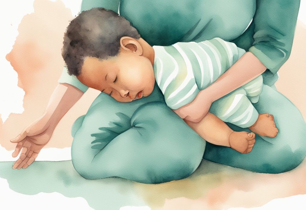 Modern watercolor illustration of a cheerful infant on a pastel mat, guided by parent's hands, teal color theme.