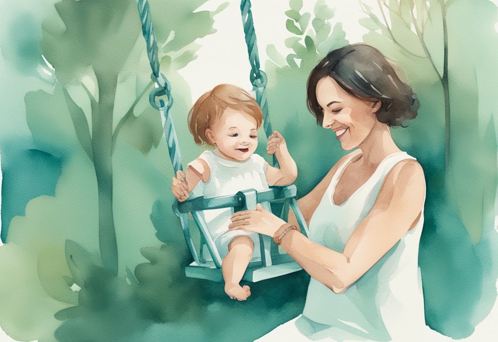 Modern watercolor illustration of a mother placing her happy infant in a park swing, with a teal color theme.