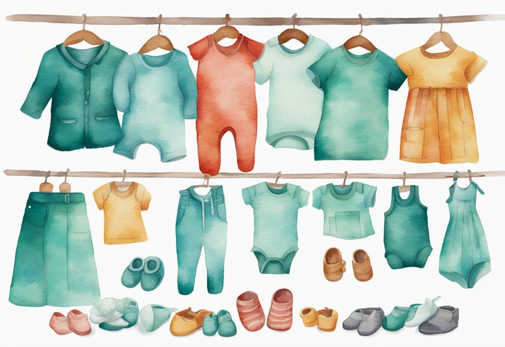 Modern watercolor illustration of baby clothes in various sizes with a teal color theme and a colorful size chart on display.