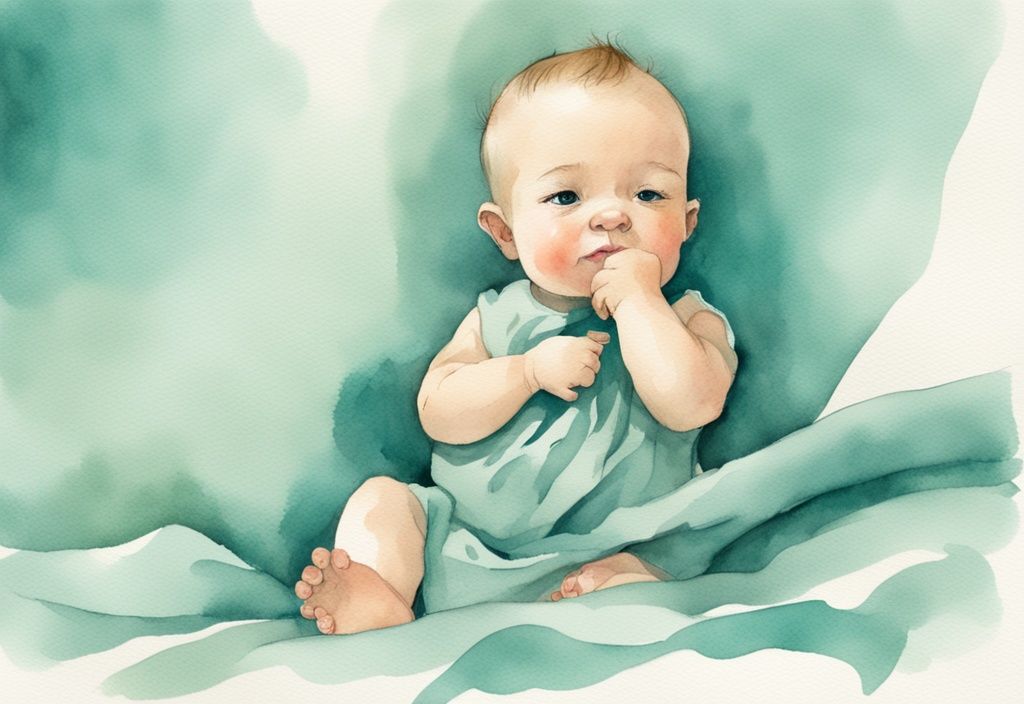 Modern watercolor illustration of a baby rubbing ear and side of head on a light-colored blanket with a thoughtful expression, featuring a teal color theme.