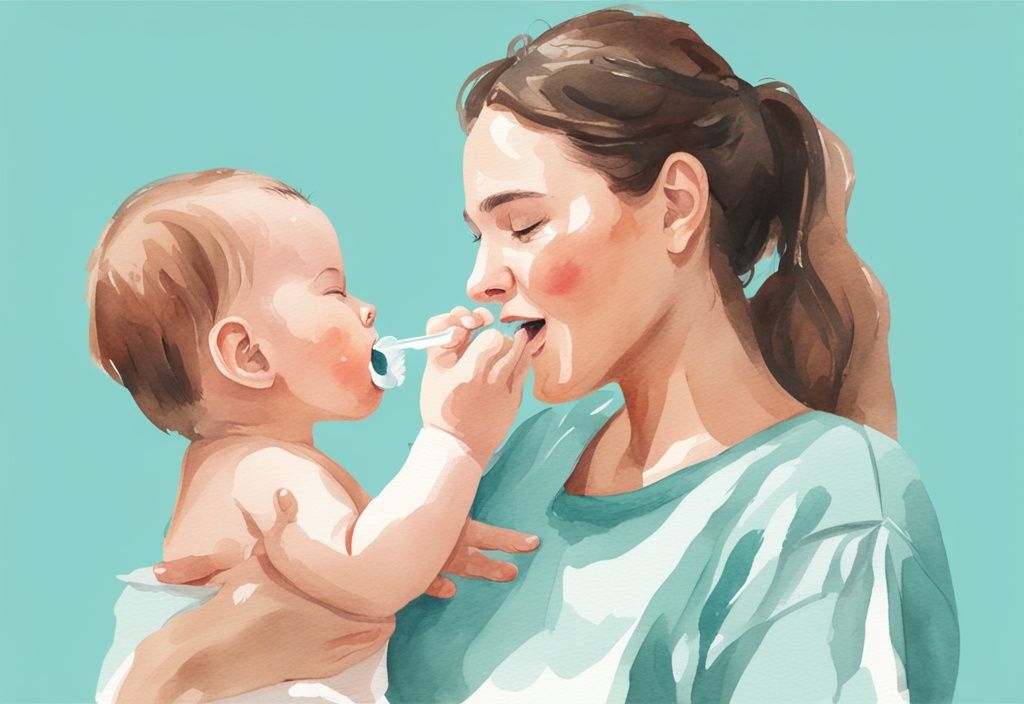 Modern watercolor illustration in teal showing a caregiver demonstrating how to clean a baby tongue with a soft baby tongue cleaner.