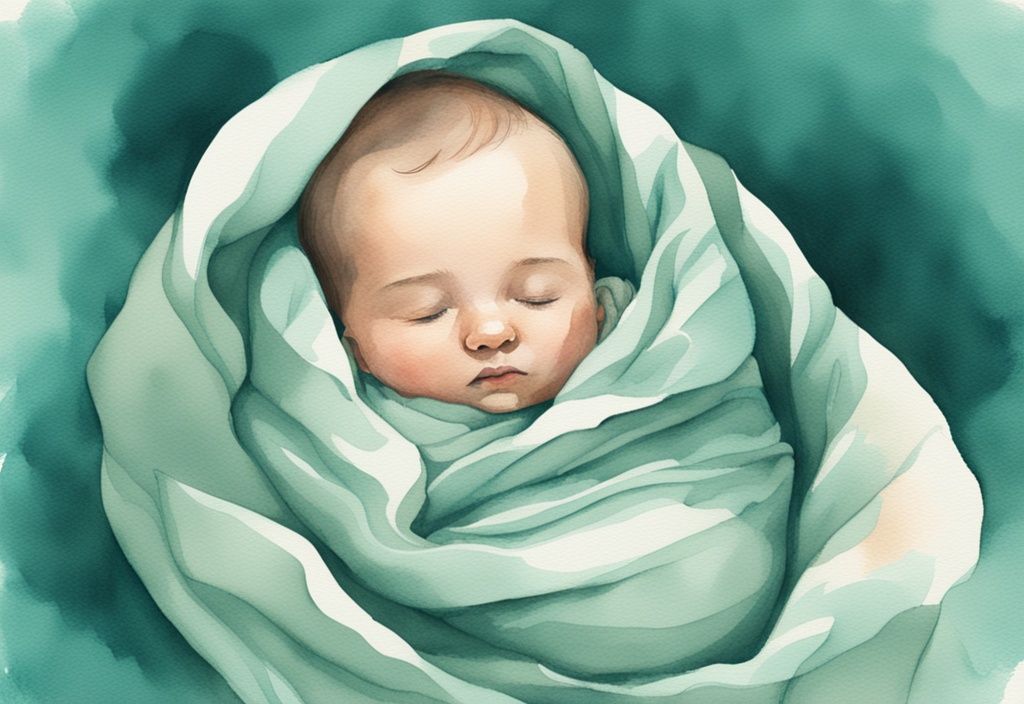 Modern watercolor illustration of a baby swaddled in a teal blanket with a sand-timer, symbolizing how long to swaddle a baby per day.