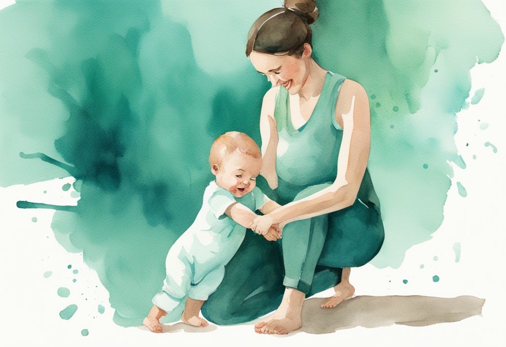 Modern watercolor illustration of a teal-themed infant standing with supportive parent assistance.