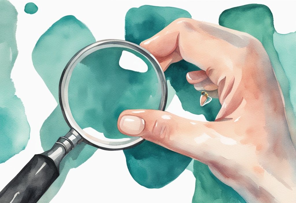 Modern watercolor illustration of hands holding a magnifying glass comparing a small white baby tooth and a larger adult tooth, with a teal color theme.