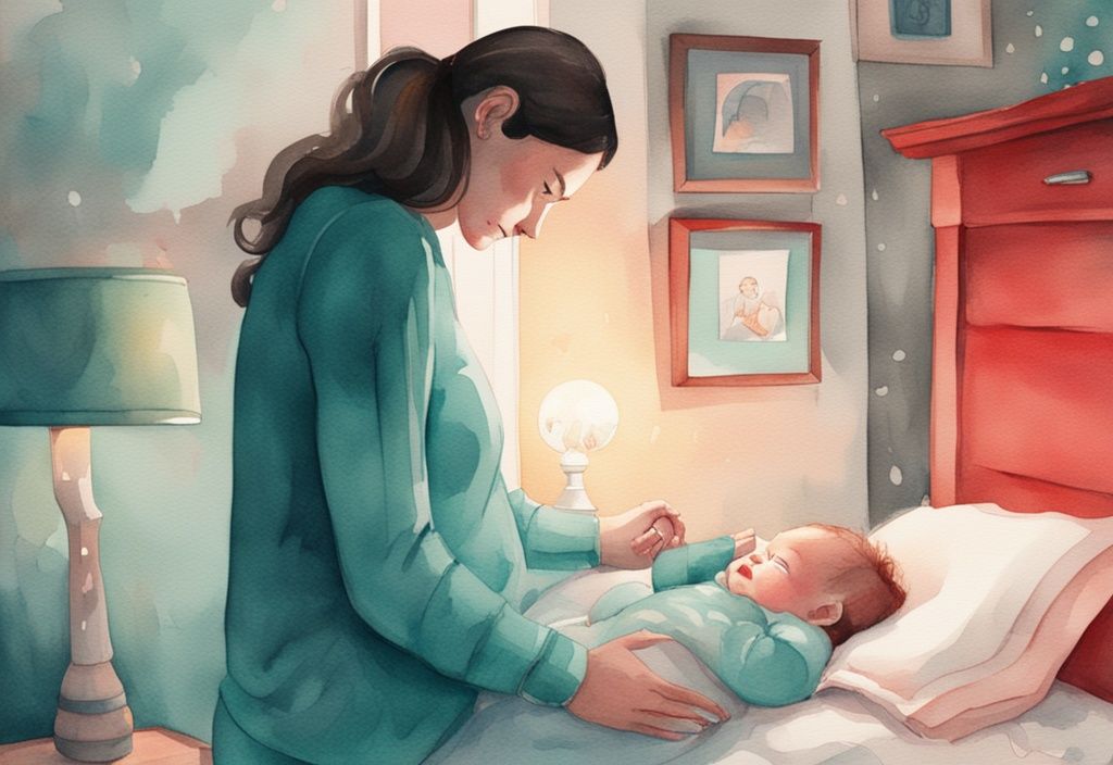 Modern watercolor illustration of a worried mother turning off a red night light in a softly illuminated baby's room, teal color theme.