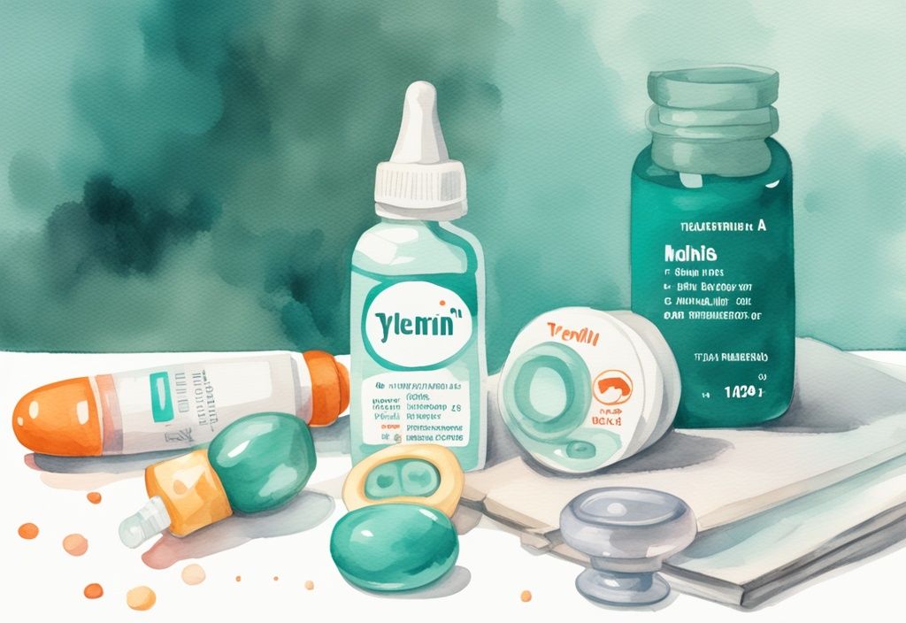 Modern watercolor illustration featuring a teal theme with a baby pacifier, Tylenol and Motrin bottles, and a digital infographic on how to alternate Tylenol and Motrin for baby.