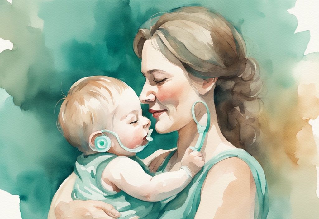 Modern watercolor illustration of a relieved mother holding her baby with a teal color theme, baby happily using a pacifier.