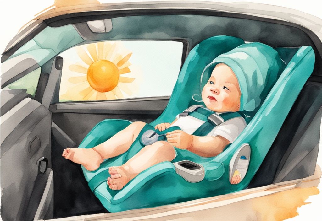 Modern watercolor illustration of a baby in a teal-themed car seat with sun shade and portable fan.