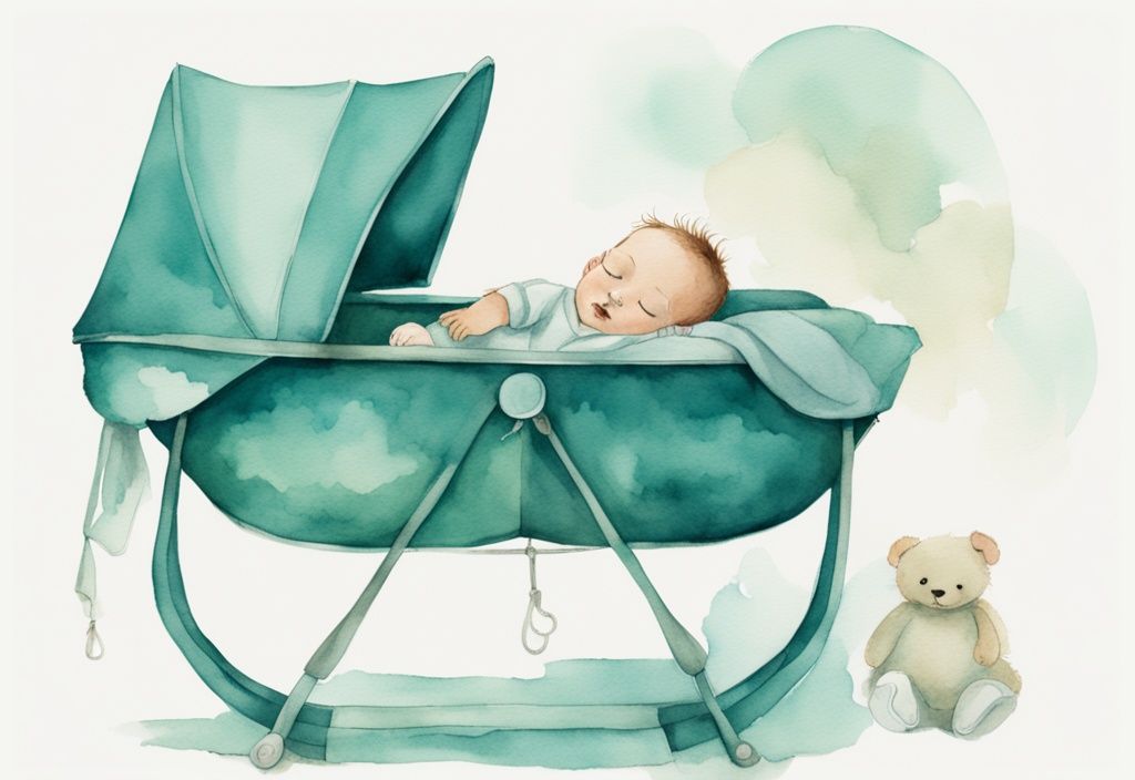 Modern watercolor illustration of an infant outgrowing a bassinet with teal color theme, feet dangling over the edge.