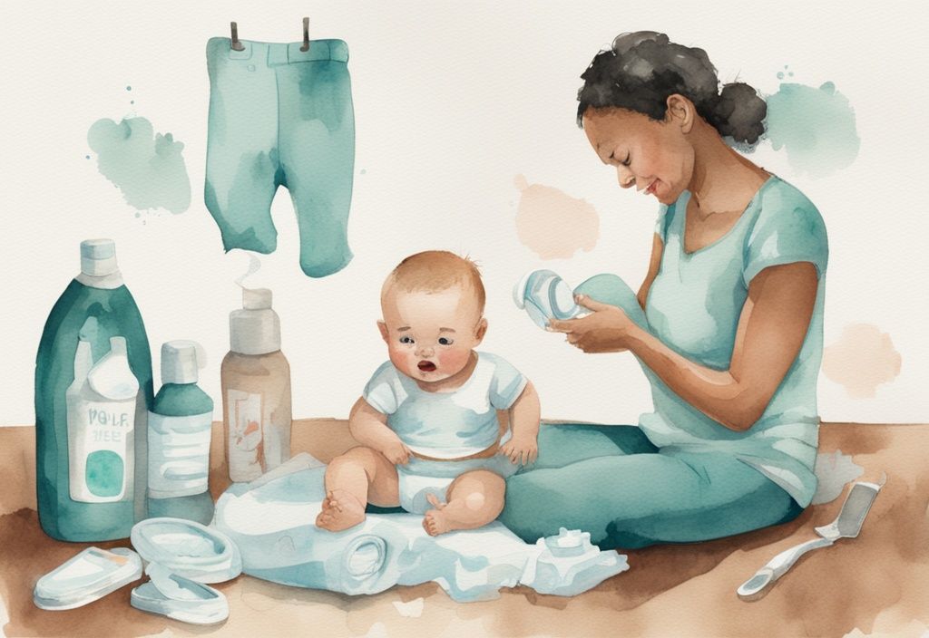 Modern watercolor illustration of a distressed baby during diaper change with teal color theme, featuring diaper changing items.