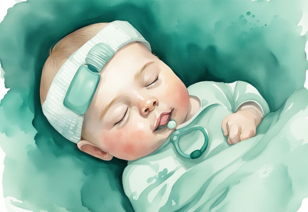 Modern watercolor illustration of a peaceful baby sleeping with a pacifier, featuring a teal color theme.