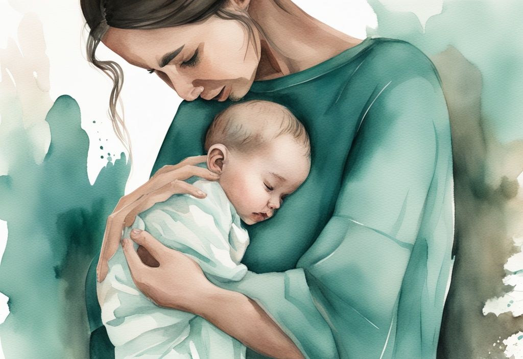 Modern watercolor illustration of adult hands cradling a baby's head, demonstrating how to shape baby head with hands, with a teal color theme.