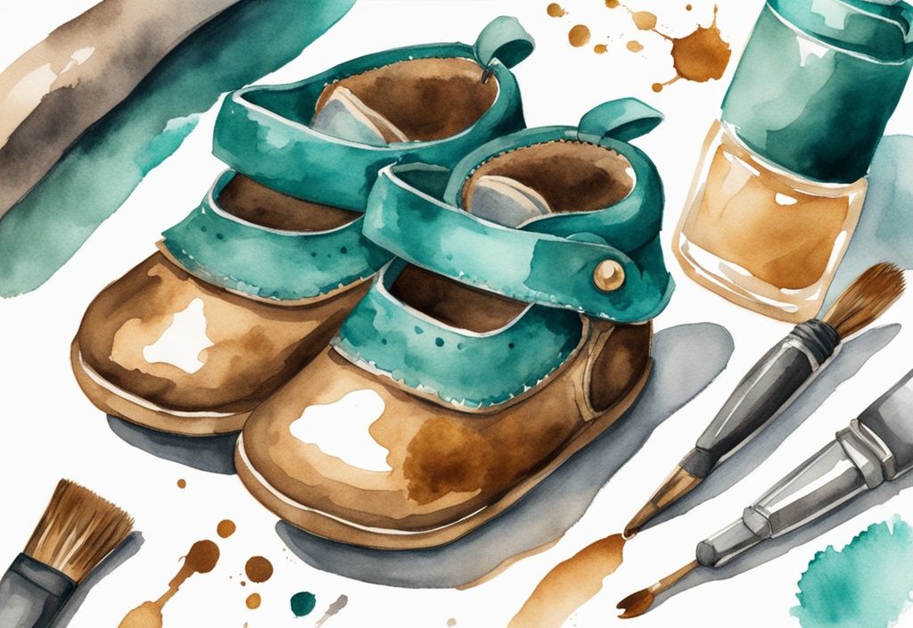 Modern watercolor illustration of teal-themed bronzed baby shoes with bronzing materials like brush, solution, and cloth on white background.