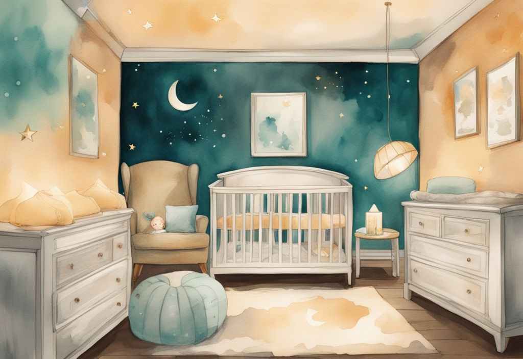 Modern watercolor nursery illustration with teal theme, sleeping baby, amber light, glowing night lights, and moon decorations.