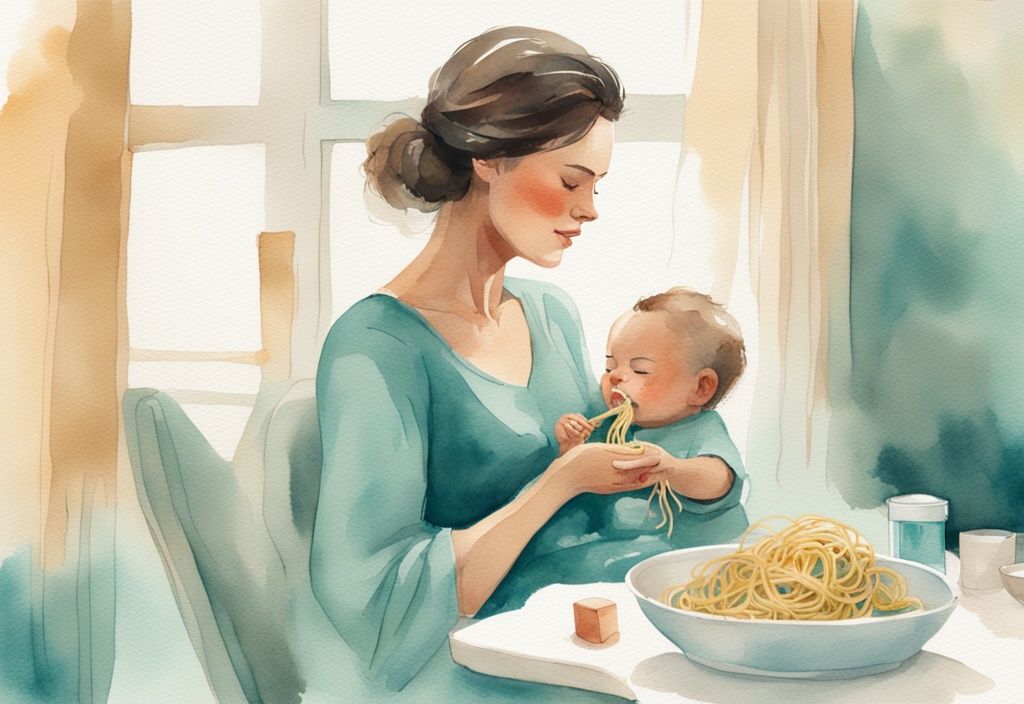 Modern watercolor illustration of a mother feeding teal-themed spaghetti to a bibbed baby.