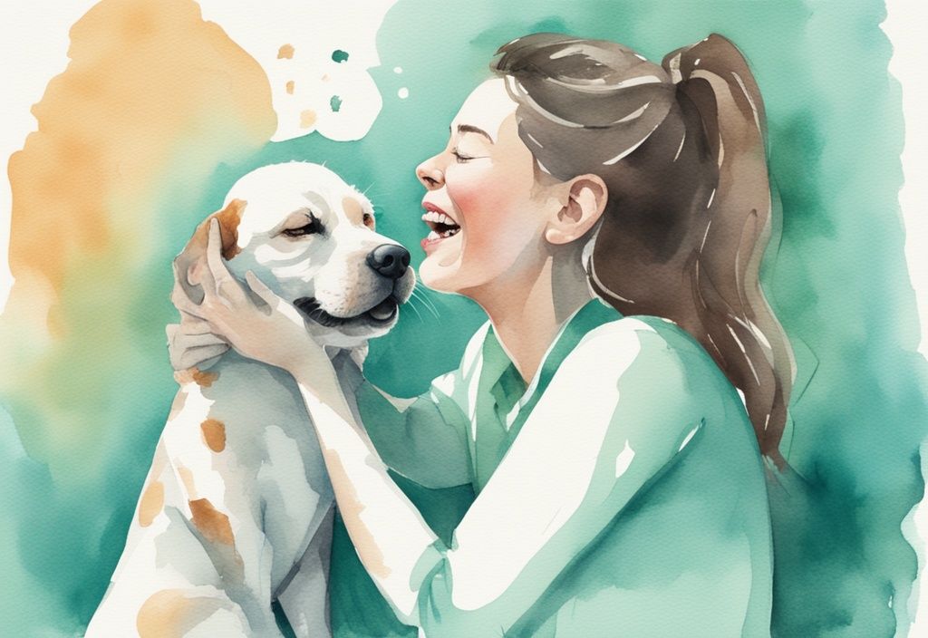 Modern watercolor illustration of a worried parent observing their pet dog licking a laughing baby's face, with a teal color theme.