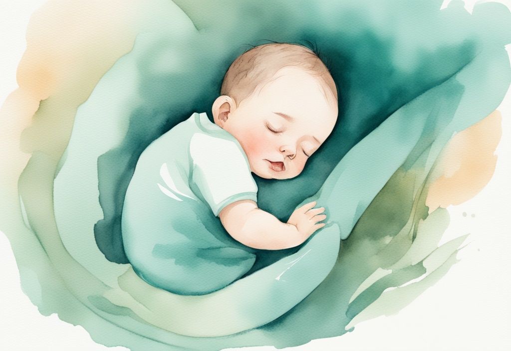 Modern watercolor illustration of a teal-themed exhausted baby being lulled to sleep by a gentle parent.