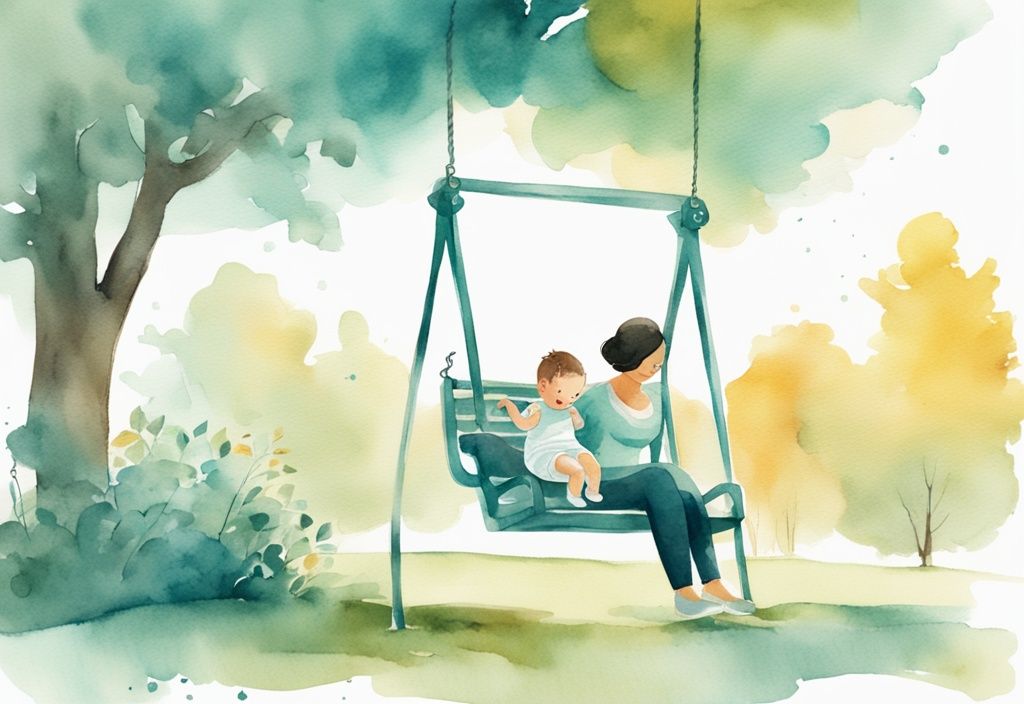 Modern watercolor illustration of a parent pushing a baby in a swing at a sunny park, capturing a joyful moment; related to the query, "when can I put my baby in a swing at the park.