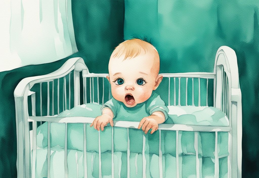 Modern watercolor illustration of a startled baby with wide eyes, teal color theme, fallen pacifier in crib.