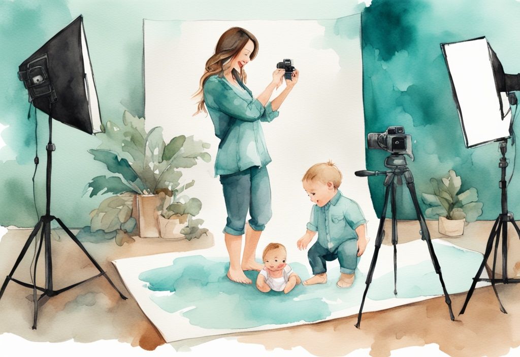 Modern watercolor illustration featuring a happy baby in cute attire, teal color theme, supportive parent, and friendly photographer in a fun professional studio setting.