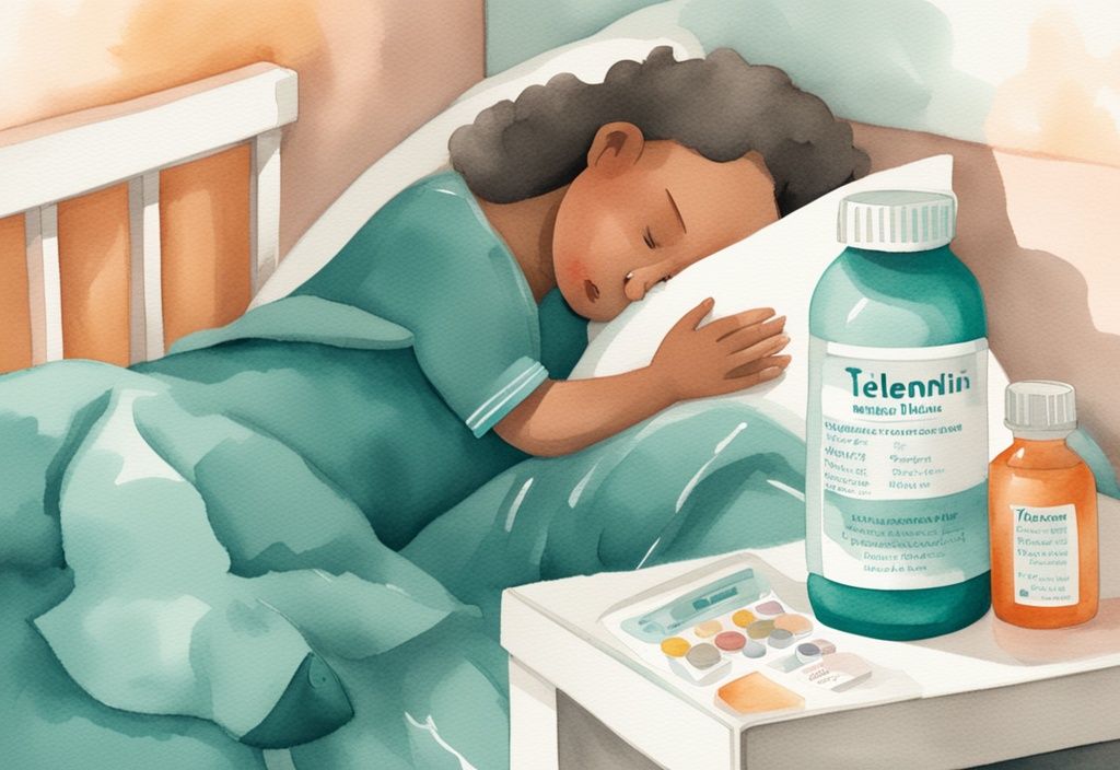 Modern watercolor illustration of a baby sleeping with Tylenol and Motrin bottles on bedside table and alternation schedule infographic, teal color theme.