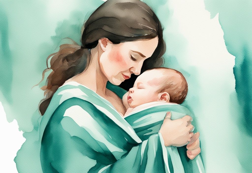 Modern watercolor illustration of a mother demonstrating how to swaddle a baby in a teal-themed soft blanket.