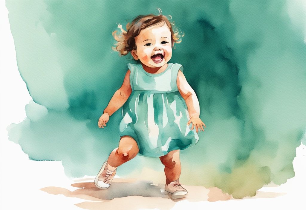 Modern watercolor illustration of a toddler taking first steps with a surprised and happy expression, teal color theme.