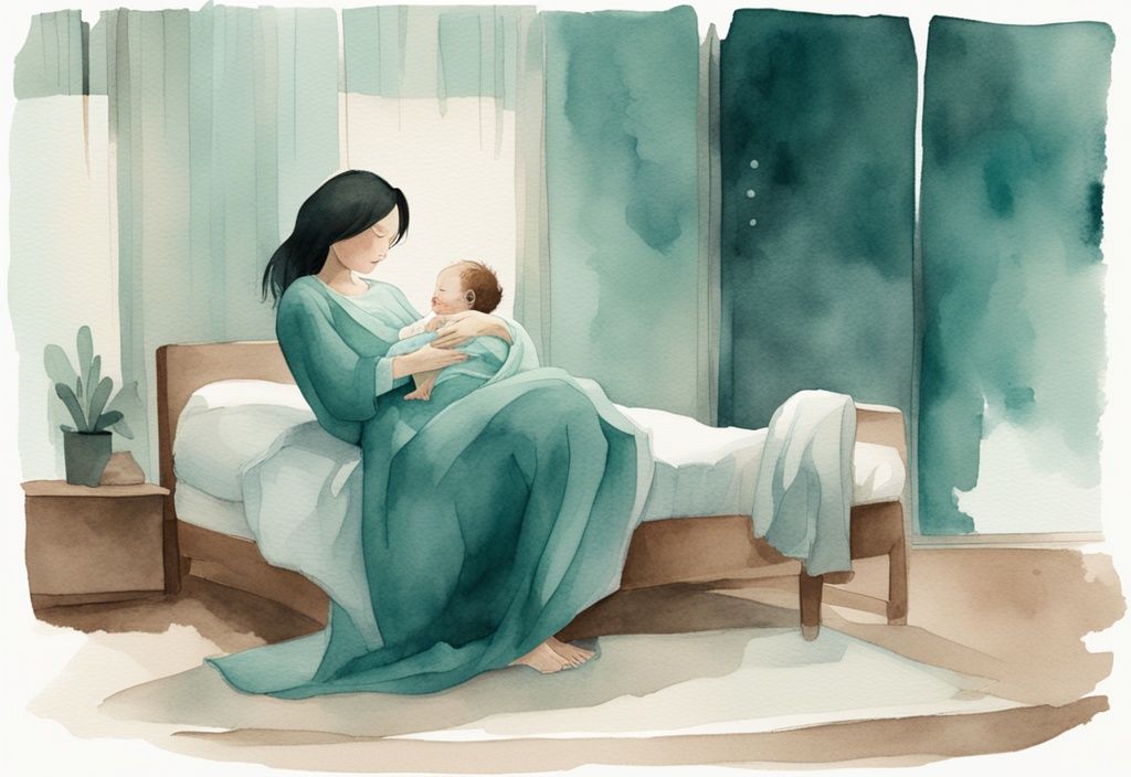 Modern watercolor illustration of a parent gently rocking a swaddled, overtired baby in a dimly lit, tranquil room, highlighting how to calm an overtired baby with a soothing teal color theme.