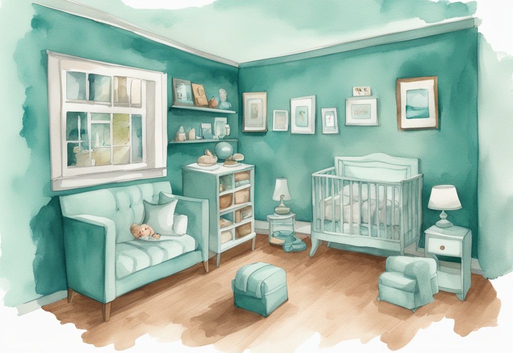 Modern watercolor illustration of house rooms with teal theme, featuring baby monitors on dresser and wall-shelf.