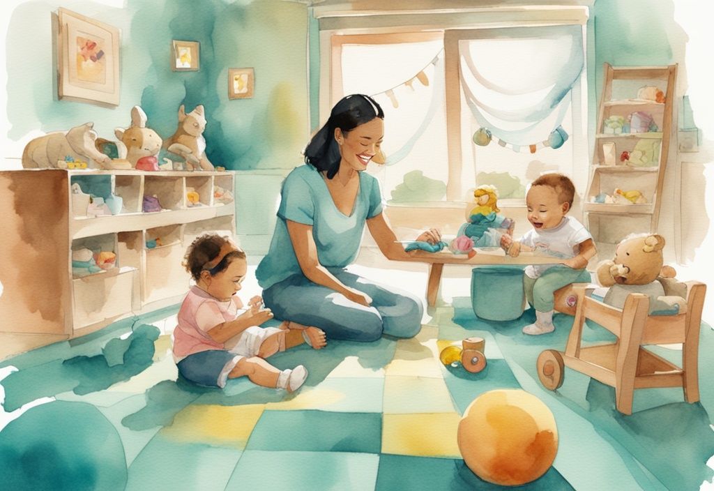 Teal-themed modern watercolor illustration of an infant playing with toys in a colorful activity center, supervised by a smiling parent, related to the keyword "when can my baby use activity center".