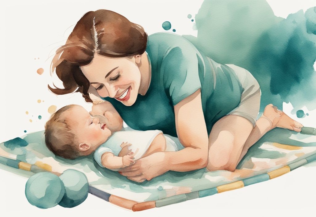 Modern watercolor illustration of a mother practicing how to roll over with baby on a teal-themed mat, surrounded by toys.