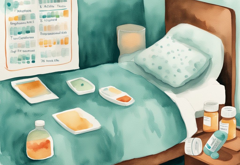 Modern watercolor illustration of a baby sleeping with Tylenol and Motrin bottles on bedside table and infographic showing alternation schedule, teal color theme.