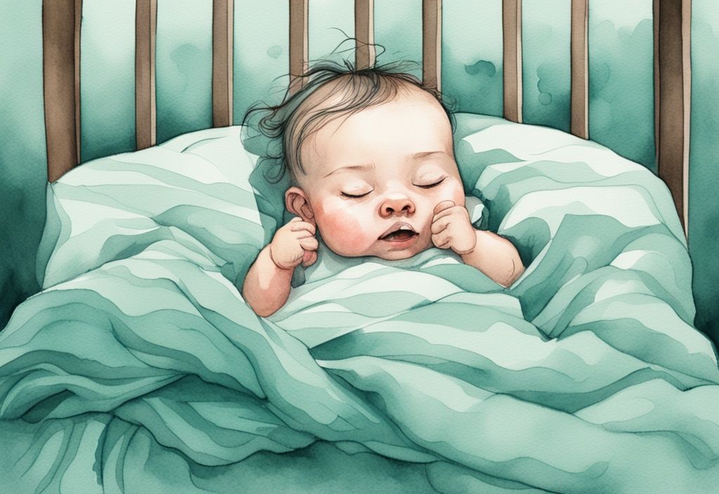 Modern watercolor illustration of a tired baby in a crib, clenching her fist around her hair while drifting to sleep, addressing the question: why does my baby pull her hair when going to sleep.