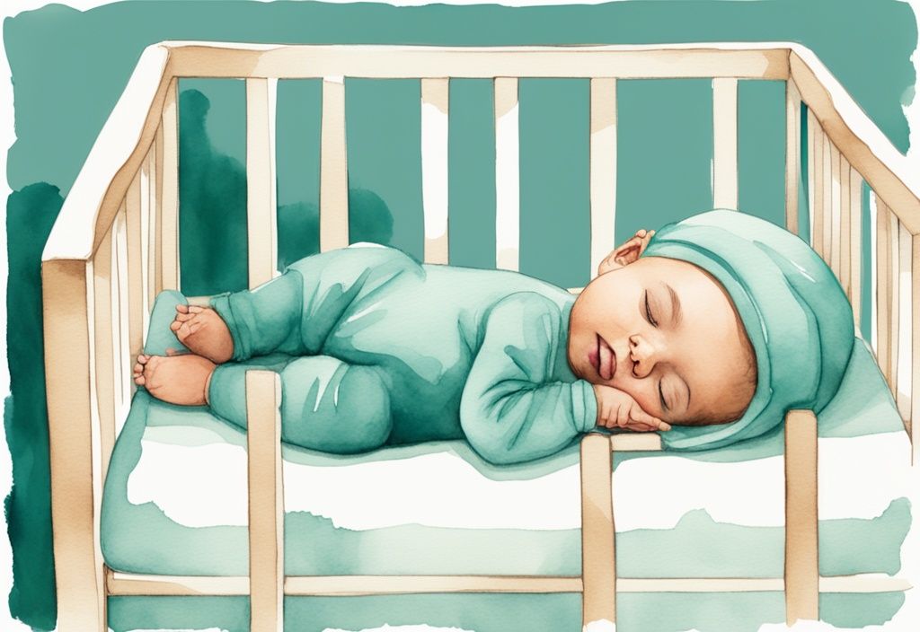 Modern watercolor illustration of a baby sleeping with his butt in the air on a soft crib, highlighting the child's pose yoga position, answering why does my baby sleep with his butt in the air.