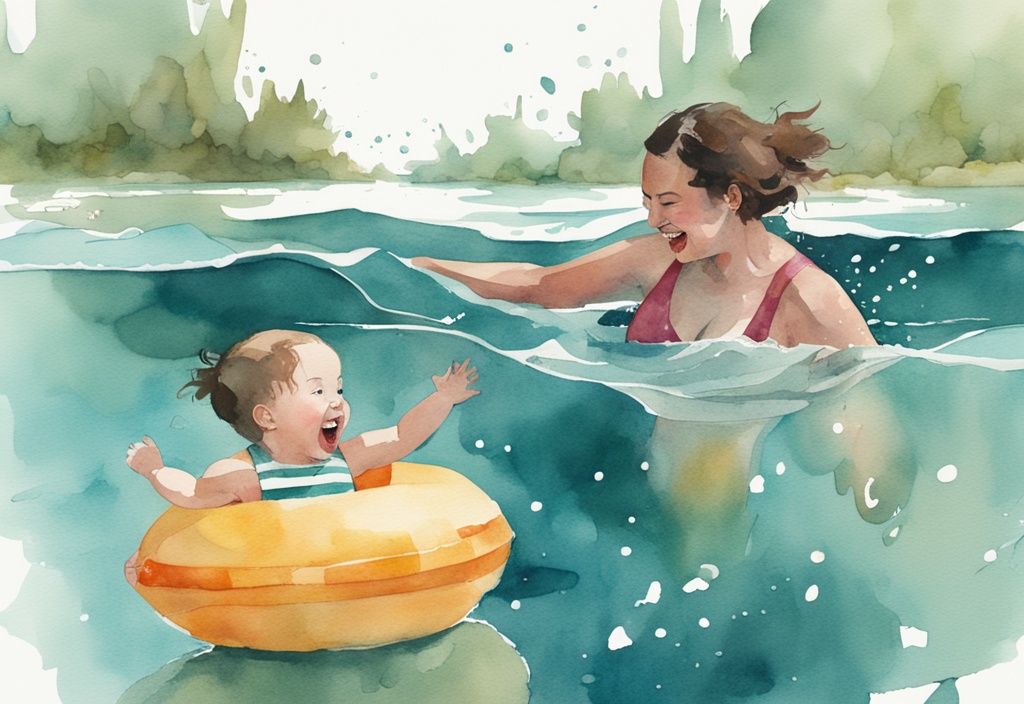 Modern watercolor illustration of a toddler in teal flotation device splashing in shallow water, assisted by an adult.