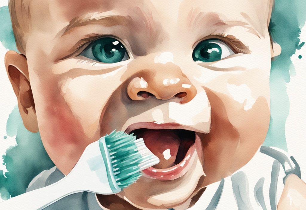 Modern watercolor illustration of a baby's open mouth with black stains on teeth, featuring an adult's gloved hand holding a toothbrush, depicting how to remove black stains on baby teeth.