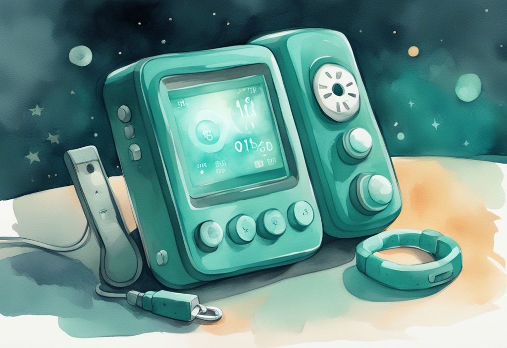 Modern watercolor illustration of a teal-themed baby monitor highlighting VOX feature, buttons, and display with night-time glow.