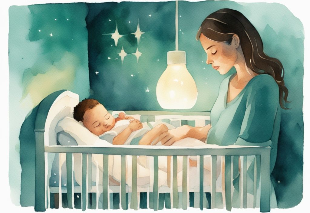 Modern watercolor illustration of a mother placing a sleeping baby in a crib with a teal color theme and a softly lit nightlight in the background.