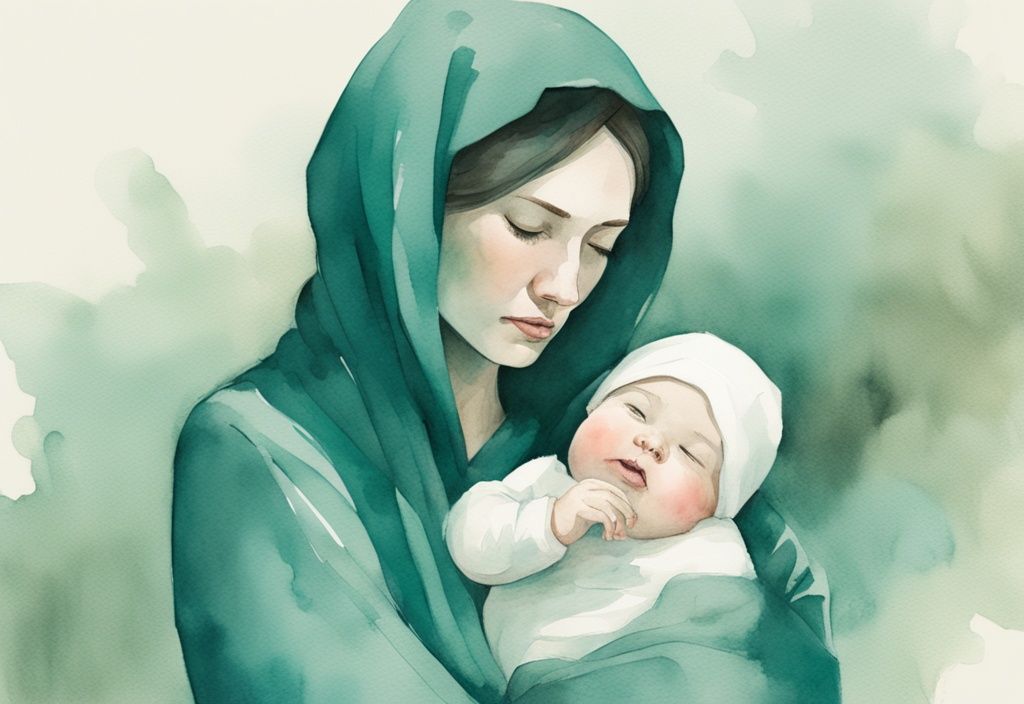 Modern watercolor illustration of a concerned mother holding a stiff baby in teal tones, exploring the theme "why is my baby so stiff".