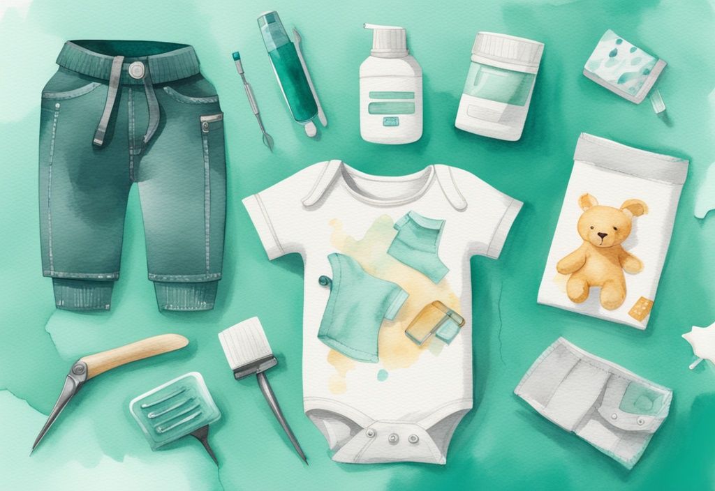 Modern watercolor illustration of teal-themed baby clothes with stains, showcasing stain-removal products and tools, illustrating how to get poop stains out of baby clothes.