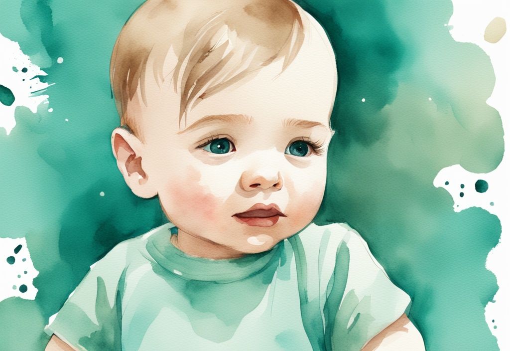 Modern watercolor illustration of a cute baby with a curious expression, teal color theme, baby rubbing ear and head.