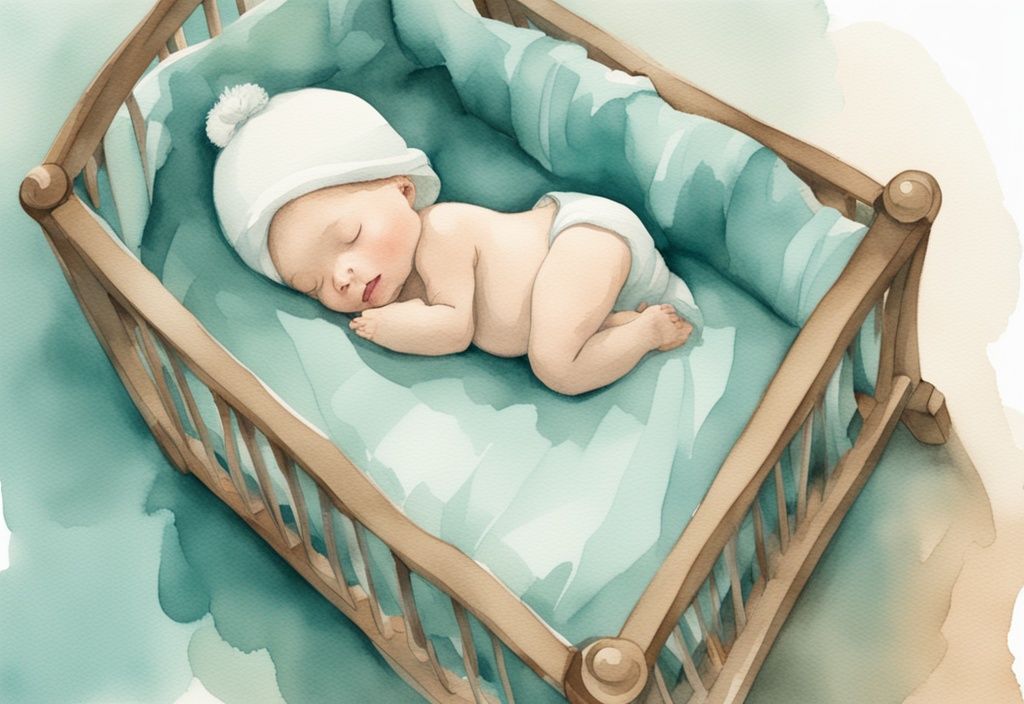 Modern watercolor illustration of a baby sleeping in a crib with a lovey toy, highlighting the theme of "when can a baby sleep with a lovey," set against a teal color palette with a calendar or clock indicating the appropriate time.