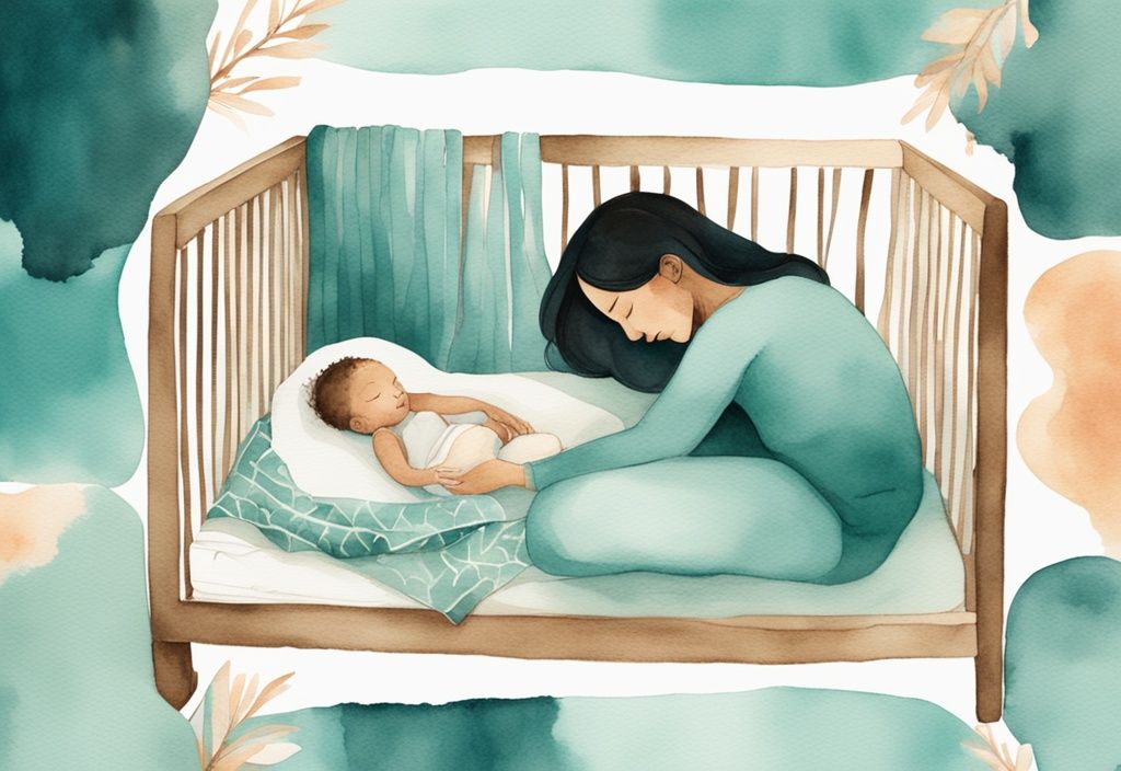 Modern watercolor illustration of a mother placing a sleeping infant in a crib, showcasing how to put baby down without waking, with a soothing teal color theme.