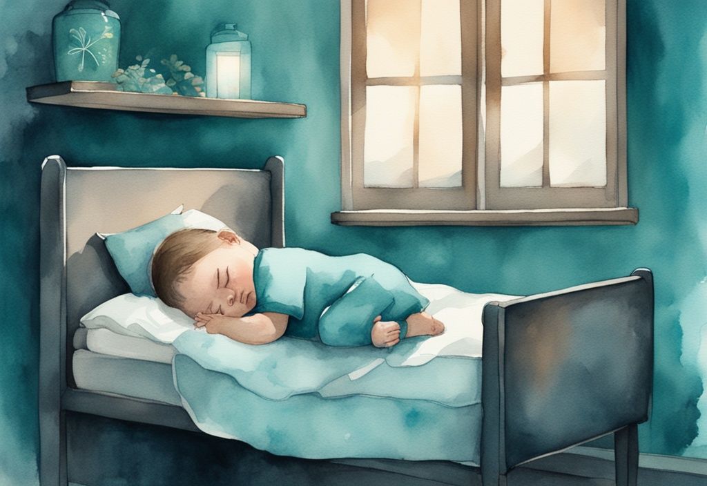 Modern watercolor illustration of a peaceful baby sleeping in a dark room illuminated by calming blue light, highlighting what color light helps baby sleep.