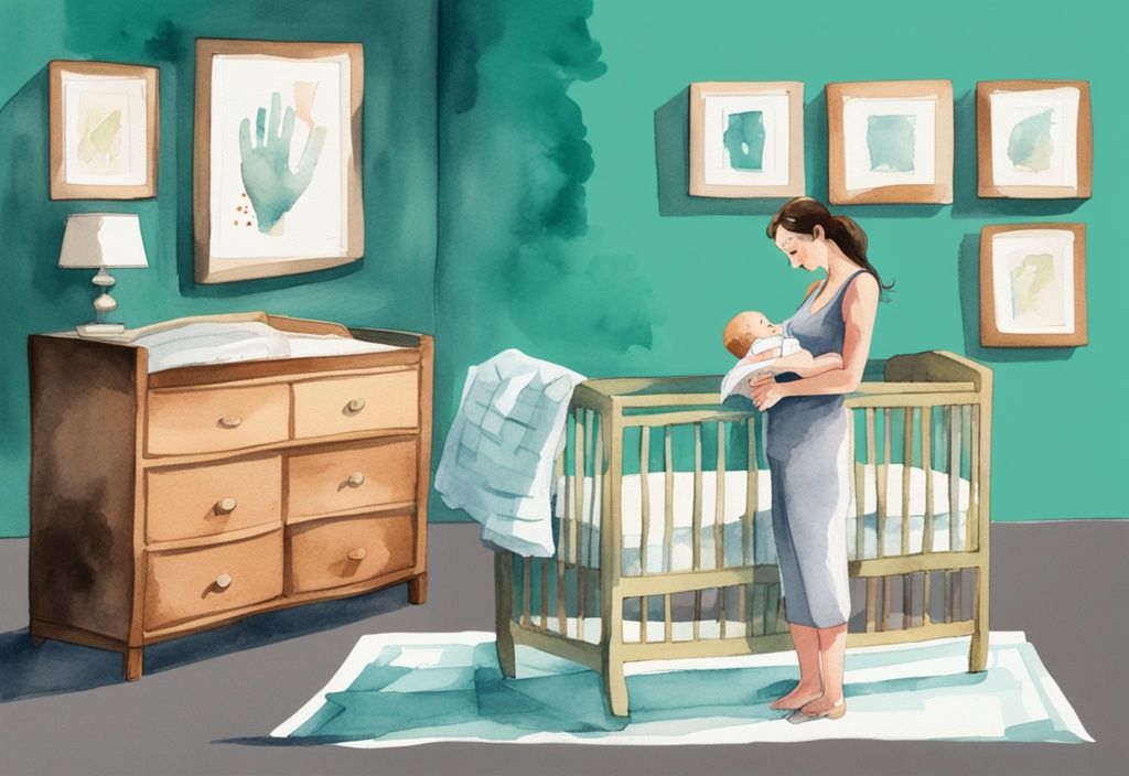 Modern watercolor illustration of a panicked parent by a crib holding an expired baby bottle, with a curious baby looking on, teal color theme.